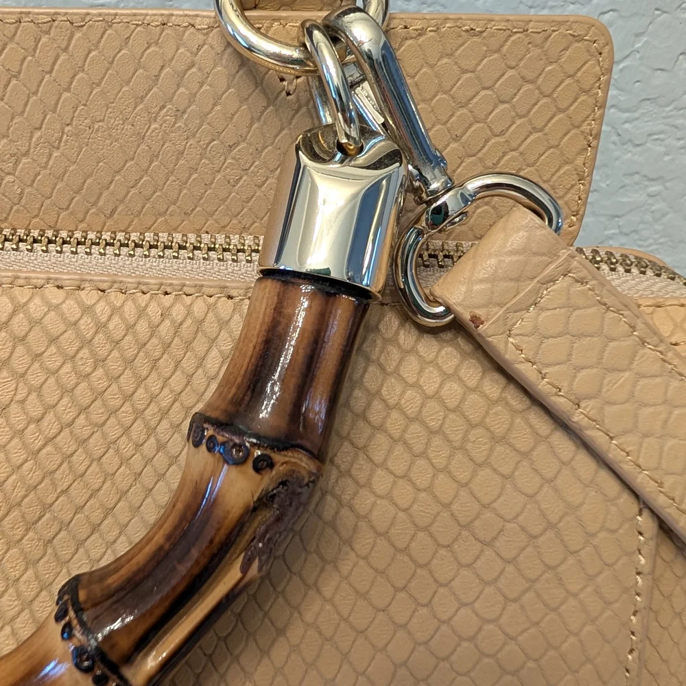 Elaine Turner Tan Snakeskin Embossed Leather Bamboo Handle Satchel Crossbody Bag